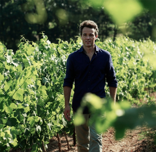 The organic Wine Maker Olivier Coste walking in organic vineyards in Languedoc France